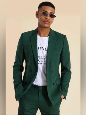 BOOHOO - Men's Double-Breasted Skinny Forest Green Blazer Suit Jacket